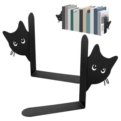 Sujetalibros de Metal, Pack de 2 Sujetalibros Gato Decorativos, Soportes para Libros Estantes, Oficina, Hogar, Negro