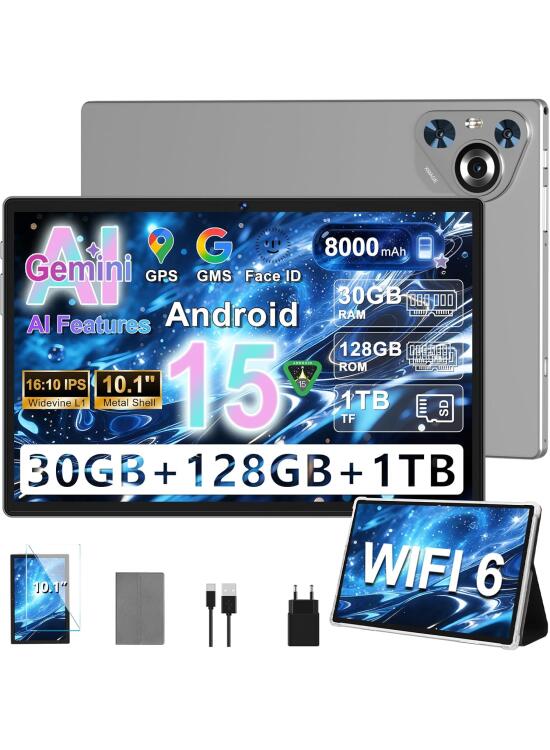 Tablet 30GB RAM 128GB ROM(TF 2TB Expandible), 10 Pulgadas 8000mAh/ WiFi 5G/ BT5.0/ OTG/GPS, Cámara 5+8 MP, Certificación GMS, Widevine L1, Tableta de Cuerpo Metálico con Funda Protectora -Gris