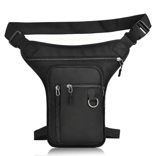 Riñonera para moto, riñonera para hombre y mujer, impermeable, multibolsillos, con cintura ajustable y correa para el muslo, para senderismo, camping, motocicleta, bicicleta, pesca (negro)
