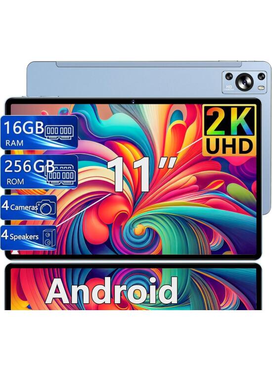 Tablet 11 Pulgadas 16GB RAM+256GB UFS ROM(1TB TF), 2K Pantalla 2000 * 1200 UHD, Android, WiFi 5G, BT 5.0, 8 Cores, 4 Altavoces, 8600mAh, 13MP+5MP, Cuerpo Metálico, Azul