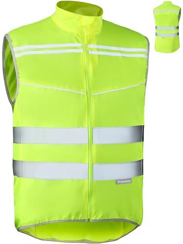 Prowiste Chaleco Reflectante Ciclismo Mujeres y Hombres – Alta Visibilidad en Amarillo Neón con Bandas Reflectantes – Transpirable (Malla) – Con Bolsillo Trasero – Protección contra el Viento – L