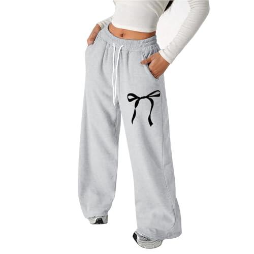 Generisch Pantalones de chándal holgados con lazo para niñas, pantalones deportivos ligeros con pierna recta y bolsillos, gris, 12-13 años