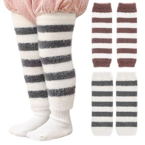 GNALIA Calentadores De Piernas Para Bebés Niña 2 Pares 4 Piezas, Largos Con Rayas Protectores De Rodilla Para Niños 0-3 Años, Color Gris Y Café