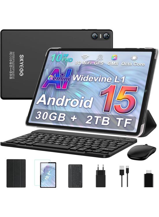 Tablet 10 Pulgadas Android 15 con Gemini AI, 30 GB RAM + Ampliable 2 TB ROM, Octa-Core, Widevine L1, WiFi 5G, BT 5.0, Cámara 8 MP + 5 MP, Batería 6000 mAh, con Teclado, Ratón y Funda – Negro