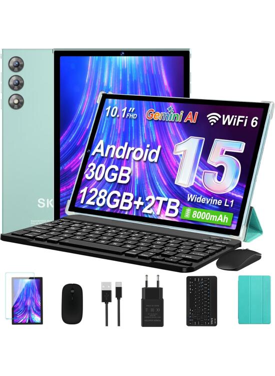 Tablet 10 Pulgadas Android 15 con Gemini AI, 30GB RAM 128GB Ampliable 2TB, Octa-Core, WiFi 6 BT 5.0, Widevine L1, Batería 8000mAh, Cámara 8/5 MP, Teclado, Ratón y Funda, Cuerpo Metálico, Verde Azulado