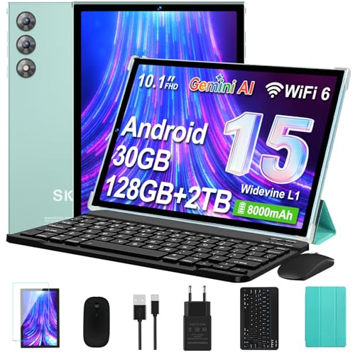 Tablet 10 Pulgadas Android 15 con Gemini AI, 30GB RAM + 128GB ROM Ampliable 2TB, Octa-Core, WiFi 6, Widevine L1, Batería 8000mAh, Cámara 8/5 MP, Teclado, Ratón y Funda, Cuerpo Metálico - Verde