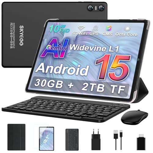 Tablet 10 Pulgadas Android 15 con Gemini AI, 30 GB RAM + Ampliable 2 TB ROM, Octa-Core, Widevine L1, WiFi 5G, Cámara 8 MP + 5 MP, Batería 6000 mAh, con Teclado, Ratón y Funda – Negro Grafito