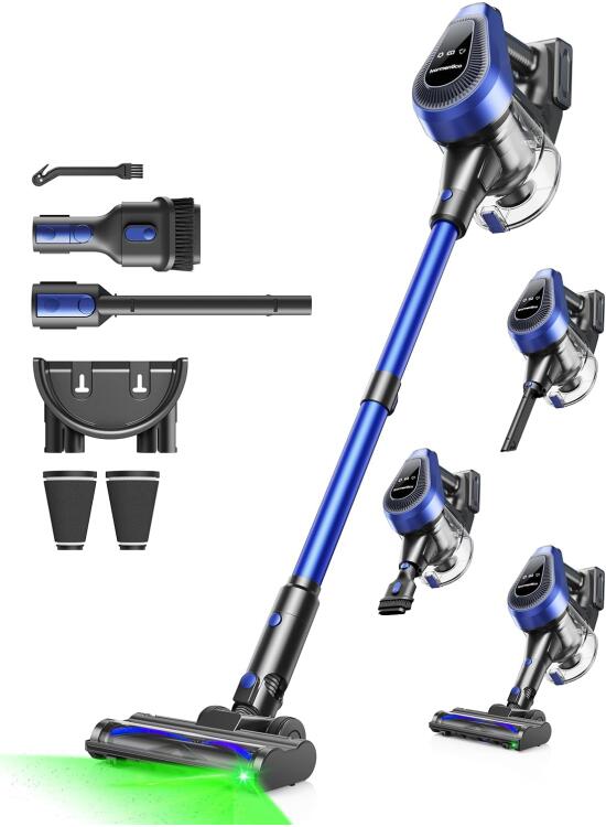 50Mins Aspiradora sin Cable, 50KPA Aspirador sin Cable con LED Verde, 550W Escoba Aspiradora sin Cable con Filtro de 8 Capas, Aspirador Vertical con 1,5 L Contenedor para el Polvo, Azul