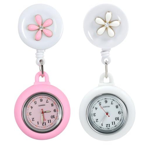 NIRJIK 2pcs Relojes de Enfermera, Relojes Retráctiles para Enfermería, Reloj Enfermera con Clip y Funda de Silicona, Relojes de Bolsillo Brillan en la Oscuridad, para Clínicas y Uso Diario
