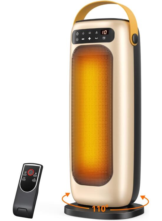 Calefactor Bajo Consumo, 1500W PTC Calefactor Ceramico Electrico, 4 Modos con Control Remoto, Protección Contra Sobrecalentamiento y Vuelco, Temporizador de 1 a 10 h, para Oficina, Dormitorio y Salon