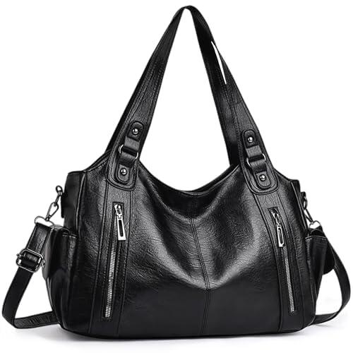VOESLD Bolso Mujer PU Fashion Chic, Gran Capacidad Tote Shopper, Bandolera Ajustable y Bolso Hombro Elegante, Ideal Para Oficina, Universidad, Trabajo y Viajes, Negro