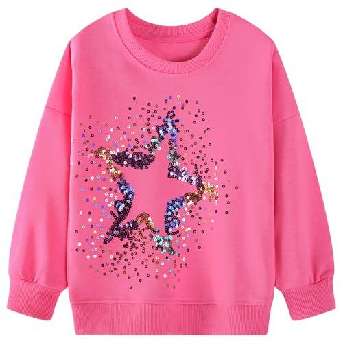 FILOWA Sudadera Niñas sin Capucha Estrellas Lentejuelas Estampados Primavera Invierno Dibujos Jumper Manga Larga Algodon Moda Cuello Redondo Navidad Top Jersey para Infantil Niña 5-6 años, Rosa Rojo