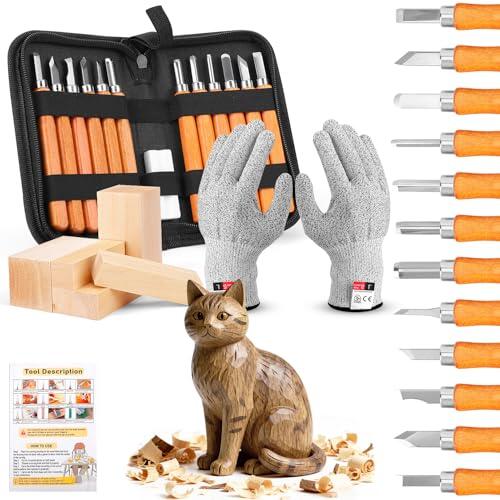 EOJDDPA Juego de Tallado de Madera para Niños: Kit de 12 Piezas con Guantes – Cuchillo de Tallar para Mayores de 8 Años, Incl. Instrucciones y Madera de Tilo – Creativo y Seguro