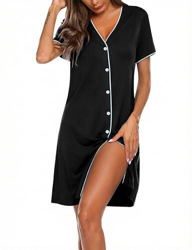 Marvmys Camisones Mujer Verano Camison Maternidad de Manga Corta con Botones Camisón Lactancia Hospital con Bolsillo Pecho Estilo D
