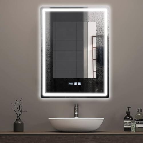 BAOCHADA Espejo de baño con iluminación 60 x 80 cm, espejo LED con 3 colores de luz regulable, antivaho, espejo de pared LED horizontal/vertical para baños, lavabos (60 x 80 cm)