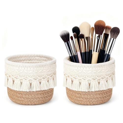 CHUANFU 2 Piezas Organizador de Maquillaje, 10 x 10 CM Mini Cesta Tejida con Borlas, Bohemio Bote para Brochas de Maquillaje para Guardar Peines y Lápices