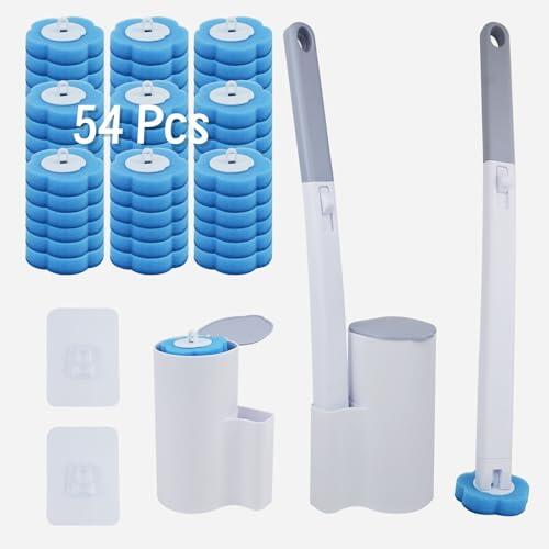 lompyeu Escobillas de Baño Desechable, con 54 Rellenos de Detergente & 2 escobilla WC Mango Largo Montado En La Pared, Accesorios Baño para Piscina Fregona Lavabo