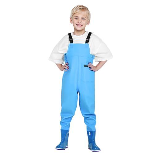 Generisch Pantalones cargo para niños para exteriores, traje de agua de arena para niños con botas, pantalones de juego impermeables para actividades al aire libre, azul celeste, 10-11 años