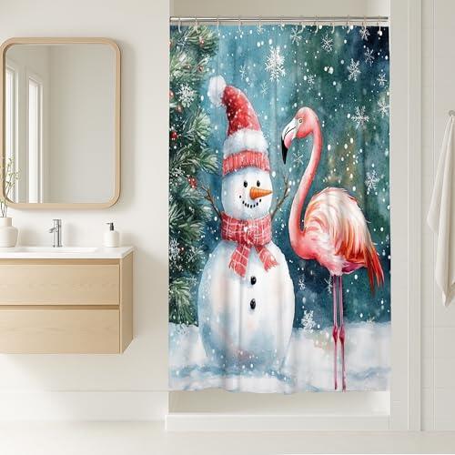 Juego de cortina de ducha con diseño de flamencos de Navidad, 36 pulgadas de ancho x 72 pulgadas de largo, con ganchos, divertido y lindo muñeco de nieve de Navidad, accesorios de baño con patrón