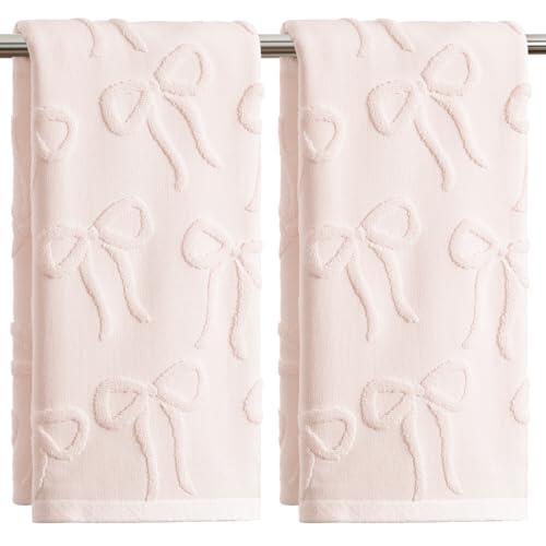 Artoid Mode Juego de 2 toallas de mano de algodón 100% con lazo 3D rosa, 35 x 75 cm, suaves, absorbentes, decoración de baño, toallas de baño
