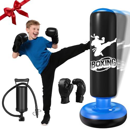 Saco de Boxeo Niños 160cm Bolsa De Boxeo Inflable con Guantes de Boxeo y Bomba Punching Ball Estable para Niños 3-12 años Rebote Inmediato para Practicar MMA Taekwondo Negro y Azul