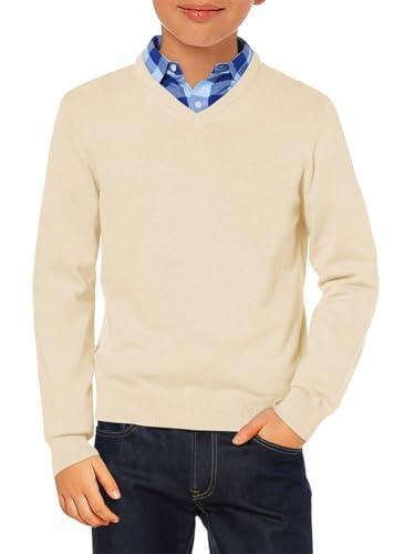 Haloumoning Jersey para niños con cuello en V, uniforme de manga larga, jersey de punto monocolor, básico, informal, ligero, beige, 7-8 años