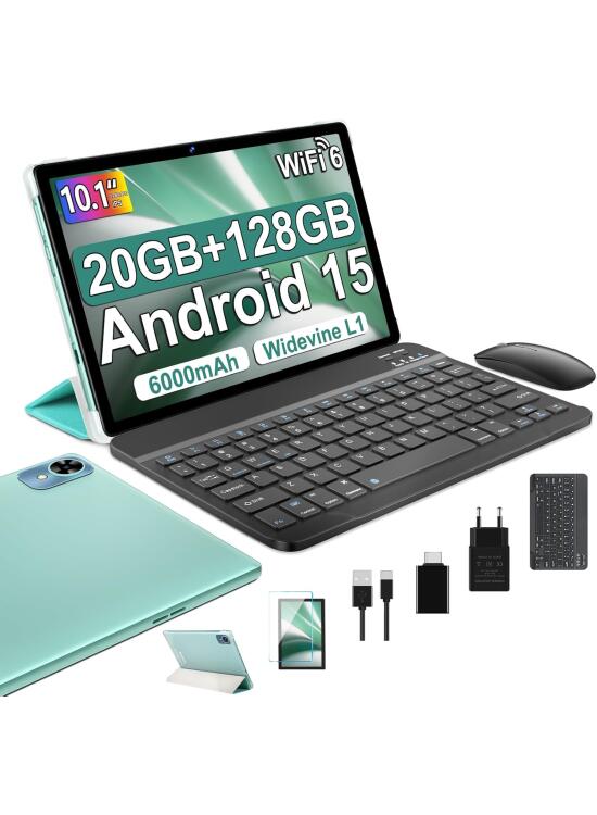 2025 Android 15 Tablet 10 Pulgadas, 20GB RAM + 128GB ROM (TF/1TB),Tableta Octa-Core/Widevine L1/WiFi6&BT5.0/6000mAh, 8+5MP/1280 * 800 IPS,ratón,Tablet con Funda y Teclado-Verde