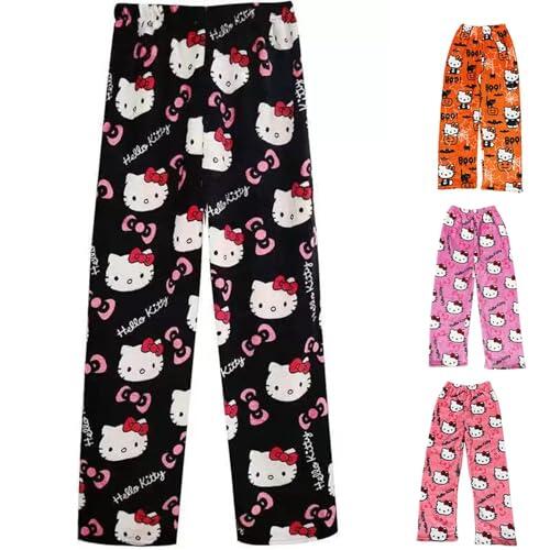 Pantalón de pijama para mujer, Kitty Anime, pijama largo de franela, Kawaii, dibujos animados, pantalón de felpa suave y cálido, Y2K, pantalón de salón para mujer, otoño, invierno, talla S-XXL, Negro