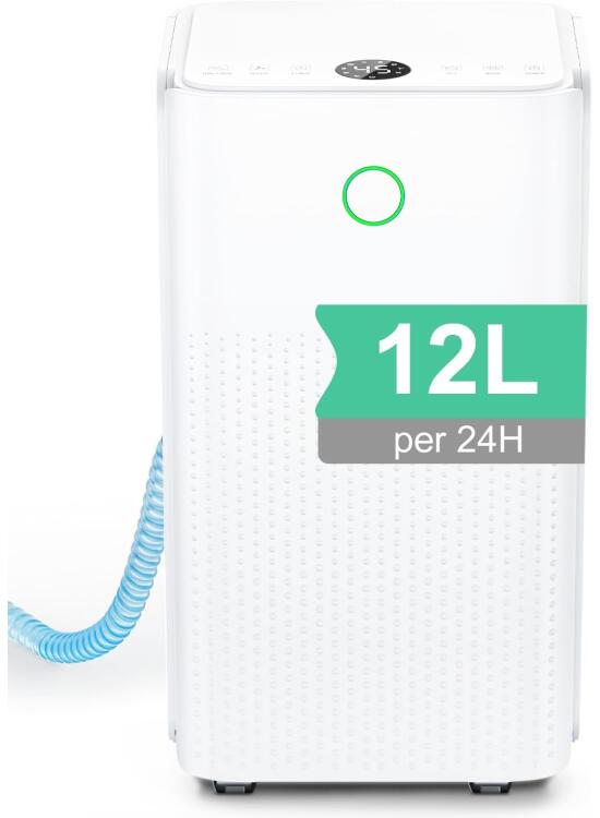 Deshumidificador 12 Litros/24h - Deshumidificador Eléctrico con 3 Modos, Silencioso y Eficiente, Depósito 2,2L, Drenaje Continuo, Temporizador 24h, 360° Ruedas, Deshumificadores de Humedad para Hogar