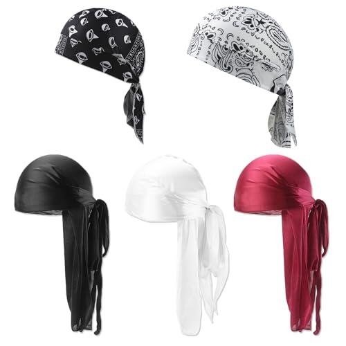 MLPKOI 5Pcs Durag de Seda, Gorro Bandanas Piratas Elástico Envoltura de Cabeza con Cola Larga Correas Anchas Para Hombres y Mujeres Decoración Diaria de Hip-Hop