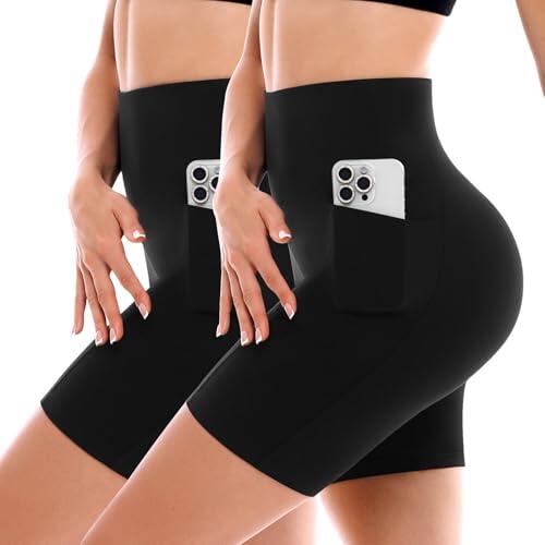 SINOPHANT Paquete de 2 pantalones cortos de ciclismo para mujer con bolsillos, cintura alta, para ciclismo, yoga, correr, gimnasio, entrenamiento, suaves y atléticos, Negro/Negro, S-M