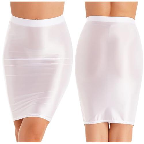 Falda de Tubo para Mujer Minifalda Sexy Brillante For Mujer, Falda Ajustada De Cintura Alta, Falda Elástica De Color Sólido For Club, Baile En Barra, Fiesta, Espectáculo, Abrigo(White,XL)