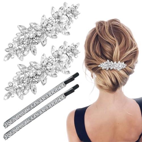 WUYJI Pinzas para mujer Juego de 4 horquillas para boda para mujer, horquillas plateadas con perlas y diamantes de imitación, tocado de novia con flores, accesorios para el pelo de novia.