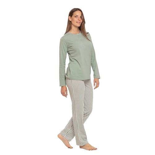TRAMAS+ Pijama Mujer 100% algodón, Pijama Largo Mujer, Conjunto de Camiseta Manga Larga y Pantalón Largo con Cintura Ajustable - XL, Raya Kodac Verde Keike
