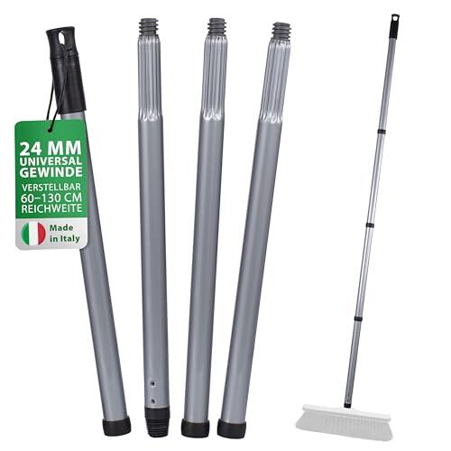 ORGAFLIX Mango de escoba premium con rosca de 24 mm, ajustable de 60 a 130 cm, uso universal para escobas, escobas de calle y escobas industriales, mango de metal estable en color gris, fabricado en