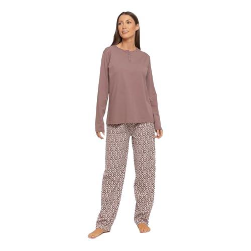 TRAMAS+ Pijama Mujer 100% algodón, Pijama Largo Mujer, Conjunto de Camiseta Manga Larga y Pantalón Largo con Cintura Ajustable - M, Dimitri Berenjena
