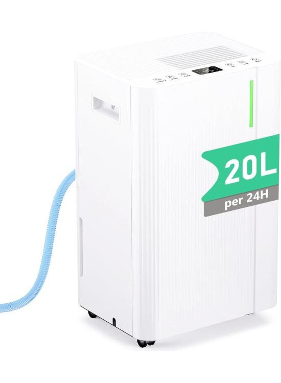 Deshumidificador 20L/Día, Deshumificadores Electrico con Compresor, 3 Modos, Silencioso y de Bajo Consumo, Depósito 5L, Drenaje Continuo, Temporizador 24h, Control Automático de Humedad para Hogar