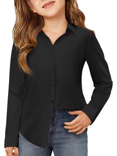 Haloumoning Blusas de manga larga para niña, con botones, camisa para niños, monocolor, con botones, básica, corte regular, uniforme escolar, 5-14 años, Negro , 13-14 años