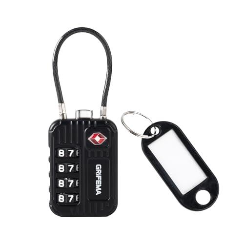 GRIFEMA Candado TSA con Combinación de 4 Dígitos, Cable Flexible para Maletas, Bolsos y Equipaje de Viaje, Negro (1 Unidad, GA1008)