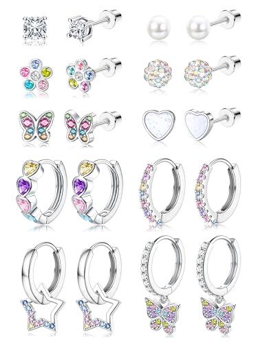 LOLIAS 10 Pares Pendientes Niña Hipoalergenicos Acero Inoxidable Pendiente Aro Plata Pendiente con Flor Mariposa Corazón Perlas Estrella Pendientes Bebe Niña Mujeres Multicolor