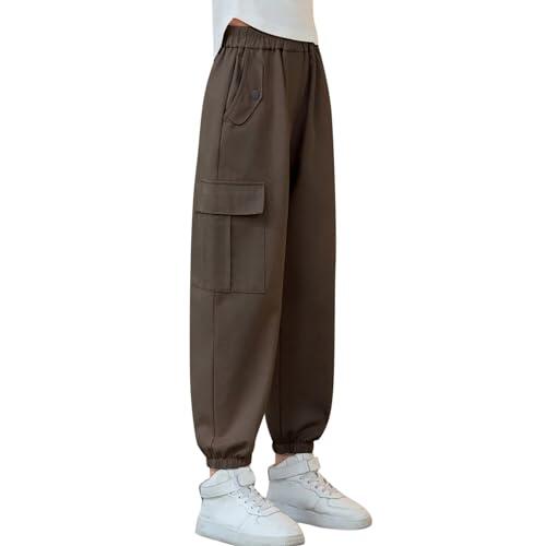 Generisch Pantalones de exterior para niños y niñas, pantalones de cintura alta, informales, cargo, ropa de calle con bolsillos, ajuste cómodo y holgado, café, 3-4 años
