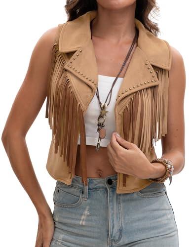 Adigau - Chaleco para mujer, chaleco hippie de gamuza, sintético vintage, sin mangas, chaquetas cortas, elegantes con flecos, cardigan vaquera occidental, caqui, M