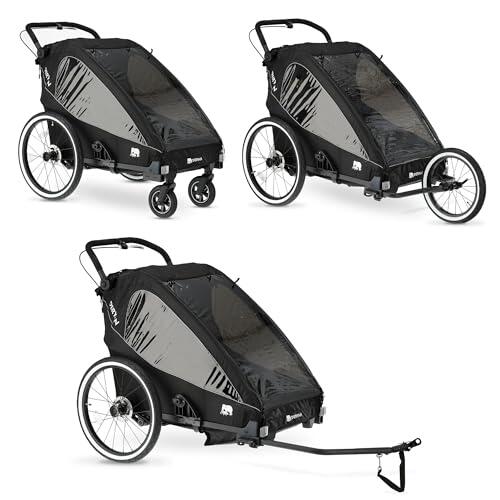 Deryan 2 en 1 remolque de bicicleta y jogger para 2 niños – Carrito infantil multifuncional – Plegable – Suspensión – Barra de empuje ajustable – Cinturones de seguridad – Reflectores – Gran espacio