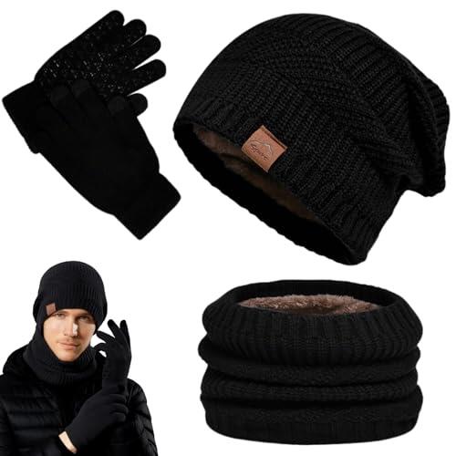 Tbintul Sombrero de Gorrita Tejida, Bufanda, Guantes de Pantalla táctil 3 en 1, Invierno, Forro Suave, Gorro de Punto Cálido, Unisex, Bufanda de Punto Grueso (Negro)
