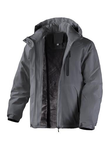 Flyplus Chaqueta de invierno para hombre con forro polar cálido, chaqueta de esquí impermeable, cortavientos, transpirable, con forro polar, capucha extraíble, chaqueta gruesa softshell, Gris, L