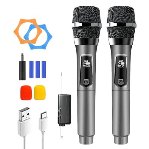 Micrófono inalámbrico, micrófono inalámbrico recargable, micrófono de mano dual con USB-C, micrófono inalámbrico, sistema de micrófono inalámbrico UHF, Plug and Play para karaoke, DJ, fiestas de