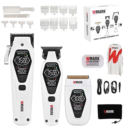 WMARK Kit Profesional de Barbero de Aleación de Zinc 3 en 1 - Ajuste de 3 Velocidades con Pantalla Digital (Velocidad/RPM/Potencia) y Recordatorios Inteligentes (Engrasado/Sobrecalentamiento