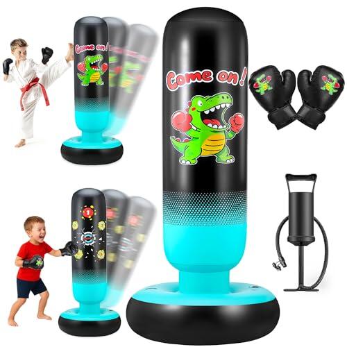 EIVONDA Saco de Boxeo Niños con Guantes de Boxeo y Bomba 165cm Grande Estable Dinosaurio & Golpear un Objetivo 2 en 1 Inflable Saco de Boxeo de Pie Regalo para Niños y Niñas 3-12 Años