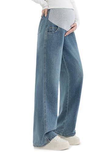 Alled Vaqueros Maternidad sobre el Vientre, Mujeres Premamá Pierna Ancha Pantalones de Cintura Ajustables Elásticos, Jeans de Maternidad Sueltos con Bolsillos