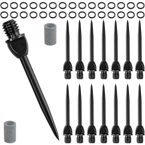Ousuwo 15 puntas de dardos de acero, puntas de dardos de metal negro de repuesto con 30 juntas tóricas de goma y 2 sacapuntas para conversión profesional de dardos de punta suave, accesorios duraderos
